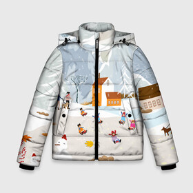 Зимняя куртка для мальчиков 3D с принтом Зимние Забавы 2022 в Тюмени, ткань верха — 100% полиэстер; подклад — 100% полиэстер, утеплитель — 100% полиэстер | длина ниже бедра, удлиненная спинка, воротник стойка и отстегивающийся капюшон. Есть боковые карманы с листочкой на кнопках, утяжки по низу изделия и внутренний карман на молнии. 

Предусмотрены светоотражающий принт на спинке, радужный светоотражающий элемент на пуллере молнии и на резинке для утяжки | 2022 | год | дед | дети | зима | коньки | мороз. | новый | праздники | радость | рождество | санки | санта | снег | счастливого