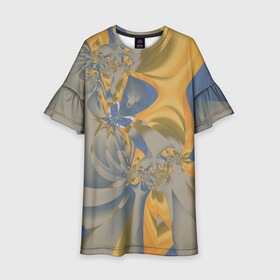 Детское платье 3D с принтом Орхидеи Небо и песок Абстракция 403-1 в Тюмени, 100% полиэстер | прямой силуэт, чуть расширенный к низу. Круглая горловина, на рукавах — воланы | Тематика изображения на принте: abstraction | blue | flowers | fractal | ornament | pattern | yellow | абстракция | желтый | орнамент | узор | фрактал | цветы