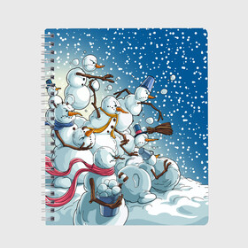 Тетрадь с принтом Боевые снеговики атака в Тюмени, 100% бумага | 48 листов, плотность листов — 60 г/м2, плотность картонной обложки — 250 г/м2. Листы скреплены сбоку удобной пружинной спиралью. Уголки страниц и обложки скругленные. Цвет линий — светло-серый
 | Тематика изображения на принте: aggressive | angry | attack | christmas | fighting snowmen | new year | snow | snow woman | snowfall | throw snowballs | winter | агрессивные | атака | боевые снеговики | бросают снежки | зима | злые | новый год | рождество | снег | снегопад | снежная баб