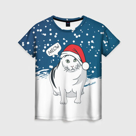 Женская футболка 3D с принтом НОВОГОДНИЙ КОТ БЕНДЕР (МЕМ) в Тюмени, 100% полиэфир ( синтетическое хлопкоподобное полотно) | прямой крой, круглый вырез горловины, длина до линии бедер | 2022 | 22 | bender | cat | christmas | meme | memes | meow | merry | new | snow | winter | year | бендер | год | зима | кот | кошка | мем | мемы | мяй | новый | рождество | снег | толстый