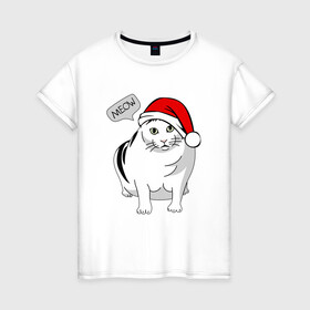 Женская футболка хлопок с принтом НОВОГОДНИЙ КОТ БЕНДЕР МЕМ в Тюмени, 100% хлопок | прямой крой, круглый вырез горловины, длина до линии бедер, слегка спущенное плечо | 2022 | 22 | bender | cat | christmas | meme | memes | meow | merry | new | snow | winter | year | бендер | год | зима | кот | кошка | мем | мемы | мяй | новый | рождество | снег | толстый