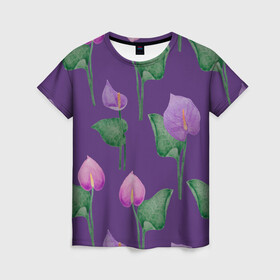 Женская футболка 3D с принтом Разноцветные антуриумы на фиолетовом фоне в Тюмени, 100% полиэфир ( синтетическое хлопкоподобное полотно) | прямой крой, круглый вырез горловины, длина до линии бедер | 8 марта | anthuriums | flowers | leaves | nature | антуриумы | ботаническая иллюстрация | день рождения | зеленый | листья | природа | растения | фиолетовый | цветы