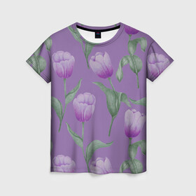 Женская футболка 3D с принтом Фиолетовые тюльпаны с зелеными листьями в Тюмени, 100% полиэфир ( синтетическое хлопкоподобное полотно) | прямой крой, круглый вырез горловины, длина до линии бедер | 8 марта | flowers | leaves | nature | tulips | ботаническая иллюстрация | день рождения | зеленый | листья | природа | растения | тюльпаны | фиолетовый | цветы
