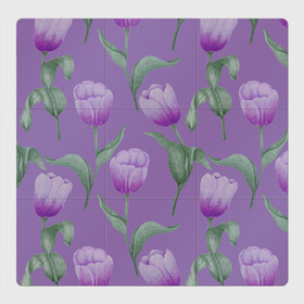 Магнитный плакат 3Х3 с принтом Фиолетовые тюльпаны с зелеными листьями в Тюмени, Полимерный материал с магнитным слоем | 9 деталей размером 9*9 см | Тематика изображения на принте: 8 марта | flowers | leaves | nature | tulips | ботаническая иллюстрация | день рождения | зеленый | листья | природа | растения | тюльпаны | фиолетовый | цветы