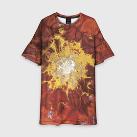 Детское платье 3D с принтом Коллекция Journey Обжигающее солнце 396-134 в Тюмени, 100% полиэстер | прямой силуэт, чуть расширенный к низу. Круглая горловина, на рукавах — воланы | Тематика изображения на принте: abstraction | fractal | orange | red | sunny | yellow | абстракция | желтый | красный | оранжевый | солнечный | фрактал