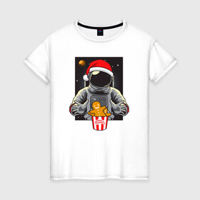 Женская футболка хлопок с принтом Космонавт и Новогоднее печенье Cosmonaut and cookies в Тюмени, 100% хлопок | прямой крой, круглый вырез горловины, длина до линии бедер, слегка спущенное плечо | space | астронавт | дед мороз | звезда | космонавт | космос | новый год | планета | подарок | рождество | санта