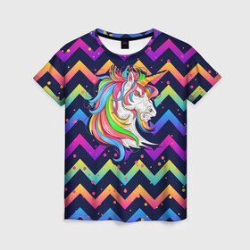 Женская футболка 3D с принтом Cерьезный Единорог Frowning Unicorn в Тюмени, 100% полиэфир ( синтетическое хлопкоподобное полотно) | прямой крой, круглый вырез горловины, длина до линии бедер | angry | neon | unicorn | единорог | злой | кислотный | конь | лошадь | неон | пони | радуга | радужный | сердитый | серьезный | хмурый | юникорн