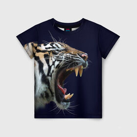 Детская футболка 3D с принтом Оскал тигра | Большая кошка в Тюмени, 100% гипоаллергенный полиэфир | прямой крой, круглый вырез горловины, длина до линии бедер, чуть спущенное плечо, ткань немного тянется | 2022 | big teeth | fangs | grin | tiger | tigr | tigris | большая кошка | большие зубы | клыки | новый год | оскалиться | острые клыки | полосатая кошка | скалить | скалить зубы | тигр
