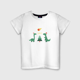 Детская футболка хлопок с принтом динозаврики и елка в Тюмени, 100% хлопок | круглый вырез горловины, полуприлегающий силуэт, длина до линии бедер | дед мороз | динозавр | ёлка | зима | игрушки | новый год | снегурка
