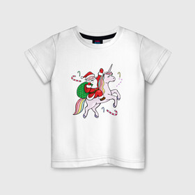 Детская футболка хлопок с принтом дед мороз на единороге 2022 в Тюмени, 100% хлопок | круглый вырез горловины, полуприлегающий силуэт, длина до линии бедер | 2022 | дед мороз | единорог | елка | ёлки | клаус | новогодний | новый год | санта | снегурочка