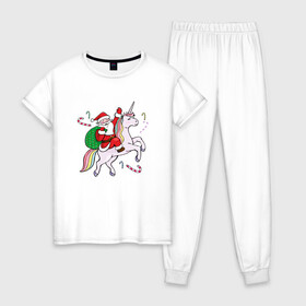 Женская пижама хлопок с принтом дед мороз на единороге 2022 в Тюмени, 100% хлопок | брюки и футболка прямого кроя, без карманов, на брюках мягкая резинка на поясе и по низу штанин | 2022 | дед мороз | единорог | елка | ёлки | клаус | новогодний | новый год | санта | снегурочка