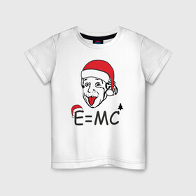 Детская футболка хлопок с принтом Новогодний Эйнштейн в Тюмени, 100% хлопок | круглый вырез горловины, полуприлегающий силуэт, длина до линии бедер | альберт эйнштейн | елка | ель | новогодний колпак | новогодний эйнштейн | новый год | прикол | рождество | формула | формула относительности | язык
