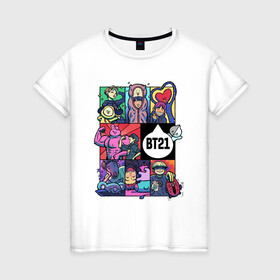 Женская футболка хлопок с принтом BT21 POP ART в Тюмени, 100% хлопок | прямой крой, круглый вырез горловины, длина до линии бедер, слегка спущенное плечо | Тематика изображения на принте: bangtan | beyond | boys | boysband | bts | hip hop | k pop | korea | music | pop art | scene | бтс | ви | джонгук | корея | музыка | поп арт | сюга | хип хоп | чимин | чин