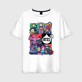 Женская футболка хлопок Oversize с принтом BT21 POP ART в Тюмени, 100% хлопок | свободный крой, круглый ворот, спущенный рукав, длина до линии бедер
 | Тематика изображения на принте: bangtan | beyond | boys | boysband | bts | hip hop | k pop | korea | music | pop art | scene | бтс | ви | джонгук | корея | музыка | поп арт | сюга | хип хоп | чимин | чин