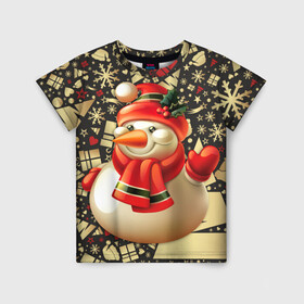 Детская футболка 3D с принтом СНЕГОВИК 2022 в Тюмени, 100% гипоаллергенный полиэфир | прямой крой, круглый вырез горловины, длина до линии бедер, чуть спущенное плечо, ткань немного тянется | Тематика изображения на принте: 2022 | newyear | детям | зима | красивый | лучшее | необычный | новый год | подарок | праздники | рождество | снеговик | топ