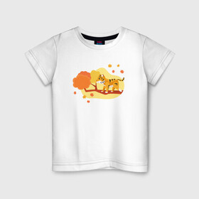 Детская футболка хлопок с принтом Тигр осенью в Тюмени, 100% хлопок | круглый вырез горловины, полуприлегающий силуэт, длина до линии бедер | 2022 | год тигра | новый год | новый год 2022 | символ года | тигр | тигренок | тигрица | тигры