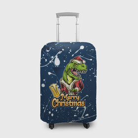 Чехол для чемодана 3D с принтом Merry Christmas Пивозавр. в Тюмени, 86% полиэфир, 14% спандекс | двустороннее нанесение принта, прорези для ручек и колес | 2022 | happy new year | merry christmas | год тигра | дино | динозавр | зима близко | нг | новогодний | новый год | новый год 2022 | рождество | снежинки | тигр