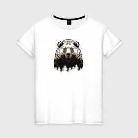 Женская футболка хлопок с принтом Медведь над лесом в Тюмени, 100% хлопок | прямой крой, круглый вырез горловины, длина до линии бедер, слегка спущенное плечо | bear | the owner of the taiga | медведь | русский медведь | хозяин тайги