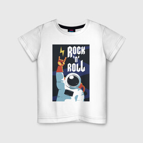 Детская футболка хлопок с принтом Space Rocknroll в Тюмени, 100% хлопок | круглый вырез горловины, полуприлегающий силуэт, длина до линии бедер | astronaut | gesture | music | rocknroll | space | spacesuit | жест | космонавт | космос | музыка | скафандр