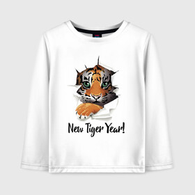 Детский лонгслив хлопок с принтом New Tiger Year в Тюмени, 100% хлопок | круглый вырез горловины, полуприлегающий силуэт, длина до линии бедер | eyes | holiday | muzzle | new year | paws | tiger | глаза | лапы | мордочка | новый год | праздник | тигрёнок