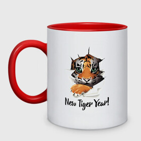 Кружка двухцветная с принтом New Tiger Year! в Тюмени, керамика | объем — 330 мл, диаметр — 80 мм. Цветная ручка и кайма сверху, в некоторых цветах — вся внутренняя часть | Тематика изображения на принте: eyes | holiday | muzzle | new year | paws | tiger | глаза | лапы | мордочка | новый год | праздник | тигрёнок