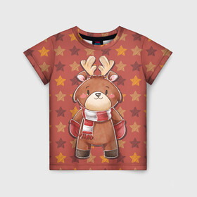 Детская футболка 3D с принтом Милый олень в звездах в Тюмени, 100% гипоаллергенный полиэфир | прямой крой, круглый вырез горловины, длина до линии бедер, чуть спущенное плечо, ткань немного тянется | животное | звезды | олень | олень в шарфе | рога