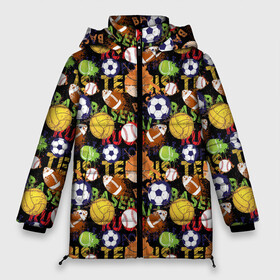 Женская зимняя куртка Oversize с принтом Разные Спортивные Мячи в Тюмени, верх — 100% полиэстер; подкладка — 100% полиэстер; утеплитель — 100% полиэстер | длина ниже бедра, силуэт Оверсайз. Есть воротник-стойка, отстегивающийся капюшон и ветрозащитная планка. 

Боковые карманы с листочкой на кнопках и внутренний карман на молнии | athletics | baseball | basketball | billiards | bowling | football | golf | handball | rugby | sport | tennis | volleyball | баскетбол | бейсбол | биатлон | боулинг | волейбол | гольф | зож | легкая атлетика | регби | спорт | спортсмен | теннис 