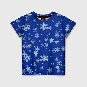 Детская футболка 3D с принтом Снежинки.. в Тюмени, 100% гипоаллергенный полиэфир | прямой крой, круглый вырез горловины, длина до линии бедер, чуть спущенное плечо, ткань немного тянется | 2022 | в топе | в тренде | зима | новый год | подарок | популярное | снег | снежинки