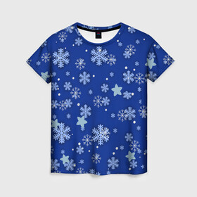 Женская футболка 3D с принтом Снежинки.. в Тюмени, 100% полиэфир ( синтетическое хлопкоподобное полотно) | прямой крой, круглый вырез горловины, длина до линии бедер | 2022 | в топе | в тренде | зима | новый год | подарок | популярное | снег | снежинки