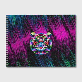 Альбом для рисования с принтом Тигр Красочный 2022 в Тюмени, 100% бумага
 | матовая бумага, плотность 200 мг. | арт | брызги | голова | грива | кляксы | кошка | краски | неон | тигр | царапины | шерсть