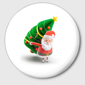 Значок с принтом Дед мороз с елкой в Тюмени,  металл | круглая форма, металлическая застежка в виде булавки | Тематика изображения на принте: веселый дед мороз | дед мороз | елка | новый год | санта клаус