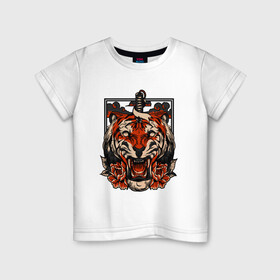 Детская футболка хлопок с принтом Японский дерзкий тигр в Тюмени, 100% хлопок | круглый вырез горловины, полуприлегающий силуэт, длина до линии бедер | 2022 год | tigr | toger | год тигра | новый год 2022 | новый год тигра | тигр | тигра | тигрёнок