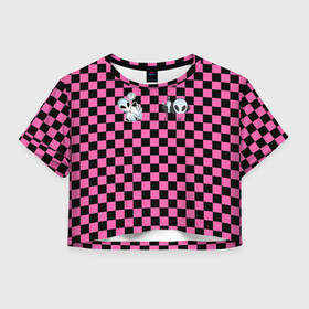 Женская футболка Crop-top 3D с принтом Инопланетянин в черно розовую клетку в Тюмени, 100% полиэстер | круглая горловина, длина футболки до линии талии, рукава с отворотами | егор | егор шип | инопланетянин | клетка | любимый трек | розовый | черно розовая | черный | шип