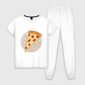 Женская пижама хлопок с принтом Кусочек пиццы пепперони в Тюмени, 100% хлопок | брюки и футболка прямого кроя, без карманов, на брюках мягкая резинка на поясе и по низу штанин | вкус | вкусно | вкусняшка | горячее | горячо | колбаса | кусок | кусочек | пепперони | пицца | сыр | сырный