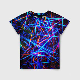 Детская футболка 3D с принтом NEON LINES Glowing Lines Effect в Тюмени, 100% гипоаллергенный полиэфир | прямой крой, круглый вырез горловины, длина до линии бедер, чуть спущенное плечо, ткань немного тянется | rave neon | живые линии | неновые лучи | неон | неоновая лампа | неоновая ночь | неоновые ленты | неоновые линии разных цветов | неоновый рейв | светящиеся линии | флекс неон | эффект неона