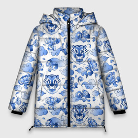Женская зимняя куртка Oversize с принтом Гжель Тигр и узоры в Тюмени, верх — 100% полиэстер; подкладка — 100% полиэстер; утеплитель — 100% полиэстер | длина ниже бедра, силуэт Оверсайз. Есть воротник-стойка, отстегивающийся капюшон и ветрозащитная планка. 

Боковые карманы с листочкой на кнопках и внутренний карман на молнии | 2022 | год тигра | новый год | новый год 2022 | символ года | тигр | тигренок | тигрица | тигры
