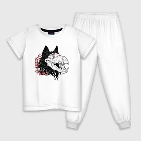 Детская пижама хлопок с принтом Fashionable avant garde wolf в Тюмени, 100% хлопок |  брюки и футболка прямого кроя, без карманов, на брюках мягкая резинка на поясе и по низу штанин
 | bones | fangs | fashion | flowers | hype | jaw | skull | teeth | vanguard | wolf | авангард | волк | зубы | клыки | мода | пасть | хайп | цветы | череп