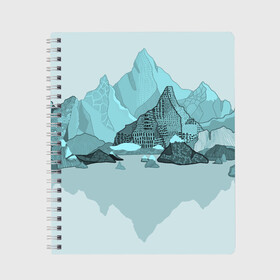 Тетрадь с принтом Голубой горный пейзаж с темно-серыми тенями в Тюмени, 100% бумага | 48 листов, плотность листов — 60 г/м2, плотность картонной обложки — 250 г/м2. Листы скреплены сбоку удобной пружинной спиралью. Уголки страниц и обложки скругленные. Цвет линий — светло-серый
 | Тематика изображения на принте: голубые горы | горный | горный массив | горный пейзаж | горы | горы в снегу | для сноуборда | для туристов | заснеженные горы | зимние горы | зимний | лыжный | снежные горы | сноуборд