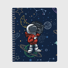 Тетрадь с принтом КОСМИЧЕСКАЯ МУЗЫКА | SPACE MUSIC в Тюмени, 100% бумага | 48 листов, плотность листов — 60 г/м2, плотность картонной обложки — 250 г/м2. Листы скреплены сбоку удобной пружинной спиралью. Уголки страниц и обложки скругленные. Цвет линий — светло-серый
 | astronaut | music | planet | rocket | space | stars | астронавт | звезда | звезды | космонавт | космос | магнитафон | мафон | музыка | музыкант | планета | планеты | ракета