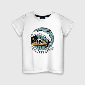 Детская футболка хлопок с принтом Fuerteventura   surfing в Тюмени, 100% хлопок | круглый вырез горловины, полуприлегающий силуэт, длина до линии бедер | fin | furteventura | hype | shark | skull | summer | surfing | wave | акула | волна | лето | плавник | сёрфинг | фуэртевентура | хайп | череп