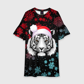 Детское платье 3D с принтом НОВОГОДНИЙ БЕЛЫЙ ТИГР В НЕОНЕ в Тюмени, 100% полиэстер | прямой силуэт, чуть расширенный к низу. Круглая горловина, на рукавах — воланы | 2022 | beast | merry christmas | new year | red bow | santa hat | snow | tiger | winter | winter is coming | year of the tiger | год тигра | дед мороз | животные | звери | зверь | зима | зима 2022 | зима близко | новог | новогодни