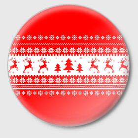 Значок с принтом КРАСНО-БЕЛЫЙ СВИТЕР С ОЛЕНЯМИ в Тюмени,  металл | круглая форма, металлическая застежка в виде булавки | 2020 | 2021 | 2022 | christmas | merry | белый | красный | леденец | нг | новогодний | новый год | олени | рождество | свитер | узоры