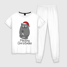 Женская пижама хлопок с принтом Новогодний кот с мышкой в лапах в Тюмени, 100% хлопок | брюки и футболка прямого кроя, без карманов, на брюках мягкая резинка на поясе и по низу штанин | Тематика изображения на принте: 2021 | 2022 | cat | christmas | merry | merry christmas | new year | snow | sweater | ugly christmas | winter | зима | кот | котики | коты | котэ | кошечки | кошки | новогодний | новогодняя | новый год | рождественский | рождественский свит