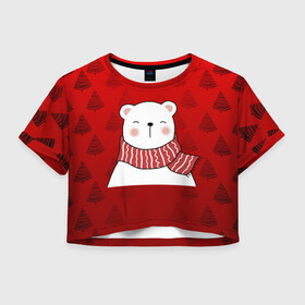Женская футболка Crop-top 3D с принтом МЕДВЕЖОНОК УМКА БЕЛЫЙ МИШКА в Тюмени, 100% полиэстер | круглая горловина, длина футболки до линии талии, рукава с отворотами | 2021 | new year | деда мороза | друг | ёлка | ёлочка | к нам приходит | как у всех | клауса | костюм | красный | медведь | медвежонок | новогодний | новый год | праздник | рекомендации | рождество | санты | узор