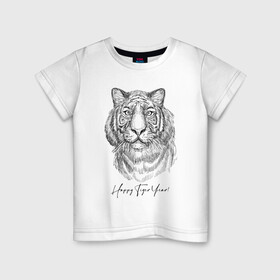 Детская футболка хлопок с принтом Happy Tiger Year! в Тюмени, 100% хлопок | круглый вырез горловины, полуприлегающий силуэт, длина до линии бедер | ears | eyes | holiday | muzzle | new year | skin | tiger | view | глаза | новый год | праздник | тигр | уши