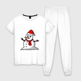 Женская пижама хлопок с принтом Двухсторонний снеговик в Тюмени, 100% хлопок | брюки и футболка прямого кроя, без карманов, на брюках мягкая резинка на поясе и по низу штанин | snowman | большой снеговик | снеговик новогодний | снеговик с морковкой | снеговик с руками палками | снеговик с угольками глазками | снеговик спиной | снежная баба | снежный человек