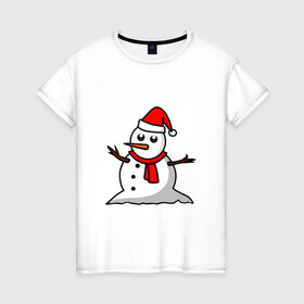 Женская футболка хлопок с принтом Двухсторонний снеговик в Тюмени, 100% хлопок | прямой крой, круглый вырез горловины, длина до линии бедер, слегка спущенное плечо | snowman | большой снеговик | снеговик новогодний | снеговик с морковкой | снеговик с руками палками | снеговик с угольками глазками | снеговик спиной | снежная баба | снежный человек