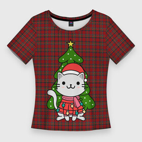 Женская футболка 3D Slim с принтом КОТИК И ЁЛОЧКА  НОВОГОДНЯЯ в Тюмени,  |  | 2020 | 2021 | 2022 | cat | cats | christmas | merry | гирлянды | елка | кот | леденец | мяу | нг | новогодний | новый год | олени | рождество | свитер | узоры
