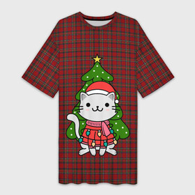 Платье-футболка 3D с принтом КОТИК И ЁЛОЧКА  НОВОГОДНЯЯ в Тюмени,  |  | 2020 | 2021 | 2022 | cat | cats | christmas | merry | гирлянды | елка | кот | леденец | мяу | нг | новогодний | новый год | олени | рождество | свитер | узоры