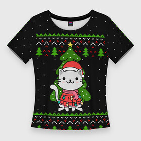 Женская футболка 3D Slim с принтом КОТЁНОК И ЁЛОЧКА  НОВОГОДНЯЯ в Тюмени,  |  | 2020 | 2021 | 2022 | cat | cats | christmas | merry | гирлянды | кот | леденец | мяу | нг | новогодний | новый год | олени | рождество | свитер | узоры